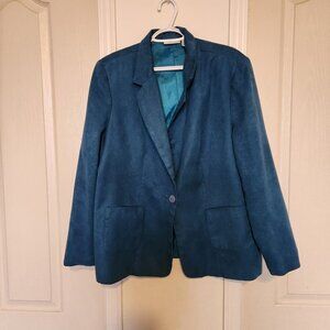Carol Reed, Soft Suede Blue Green Blazer, lined, 2 front bucket pockets, XL